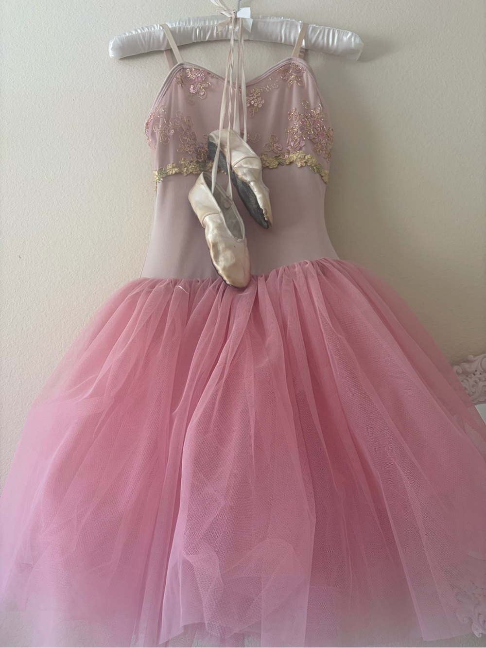 Girls Pink Tulle Ballet Dress with Gold Embroidered Bodice.